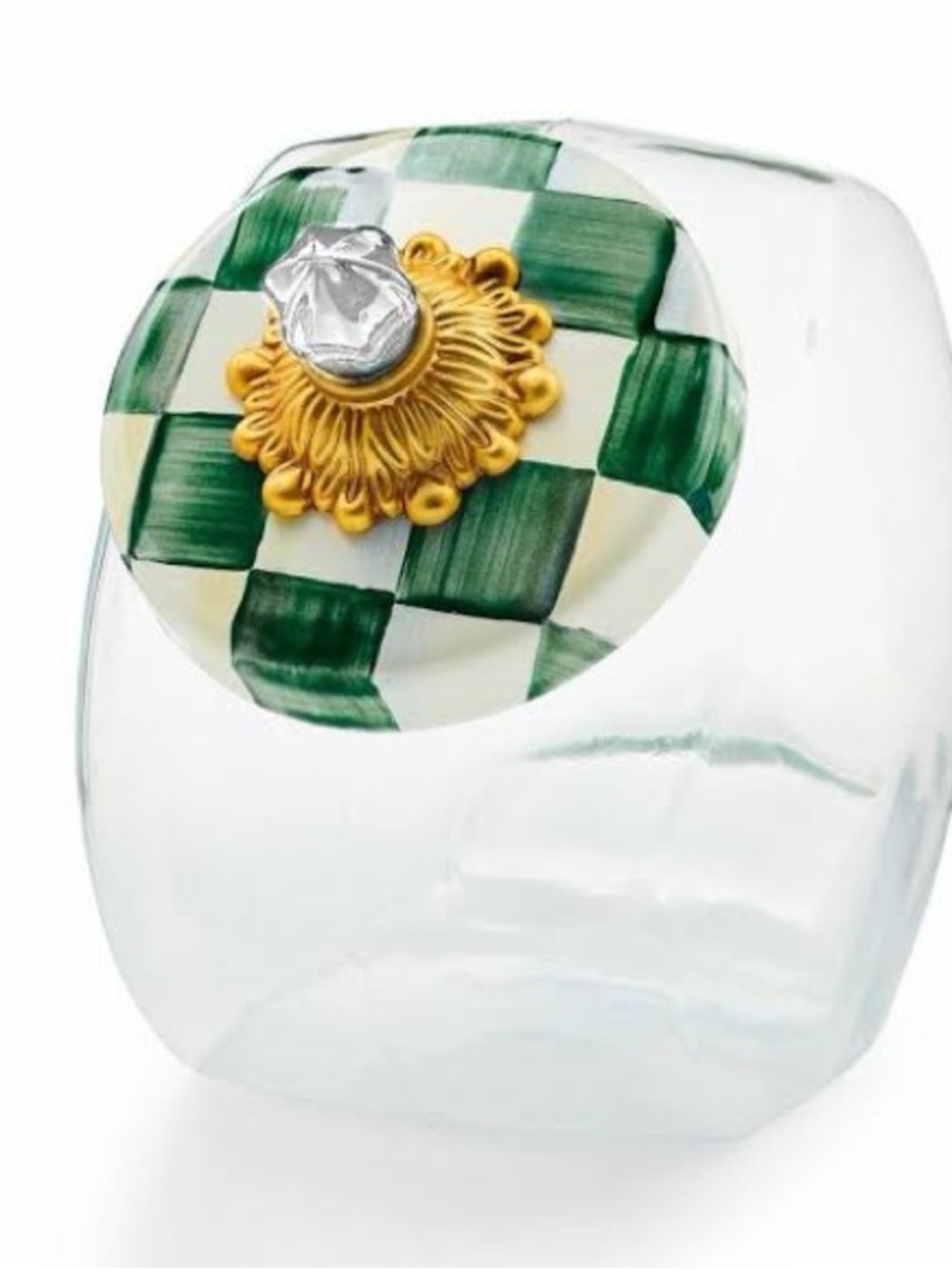 MacKenzie-Childs Glass Cookie Jar with Emerald Check Lid